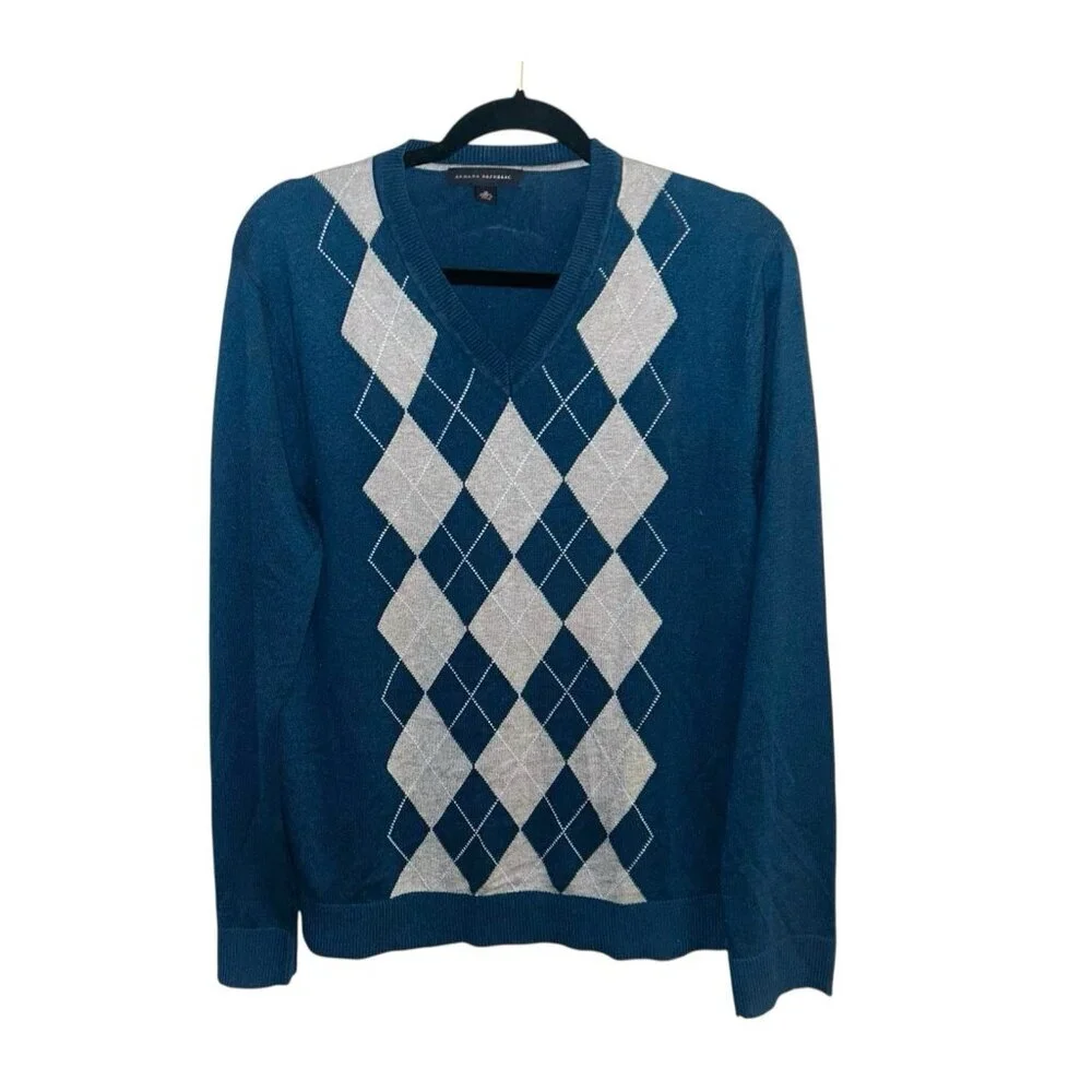 Banana Republic Blue Argyle V-Neck Silk Cashmere Blend Preppy Sweater Medium